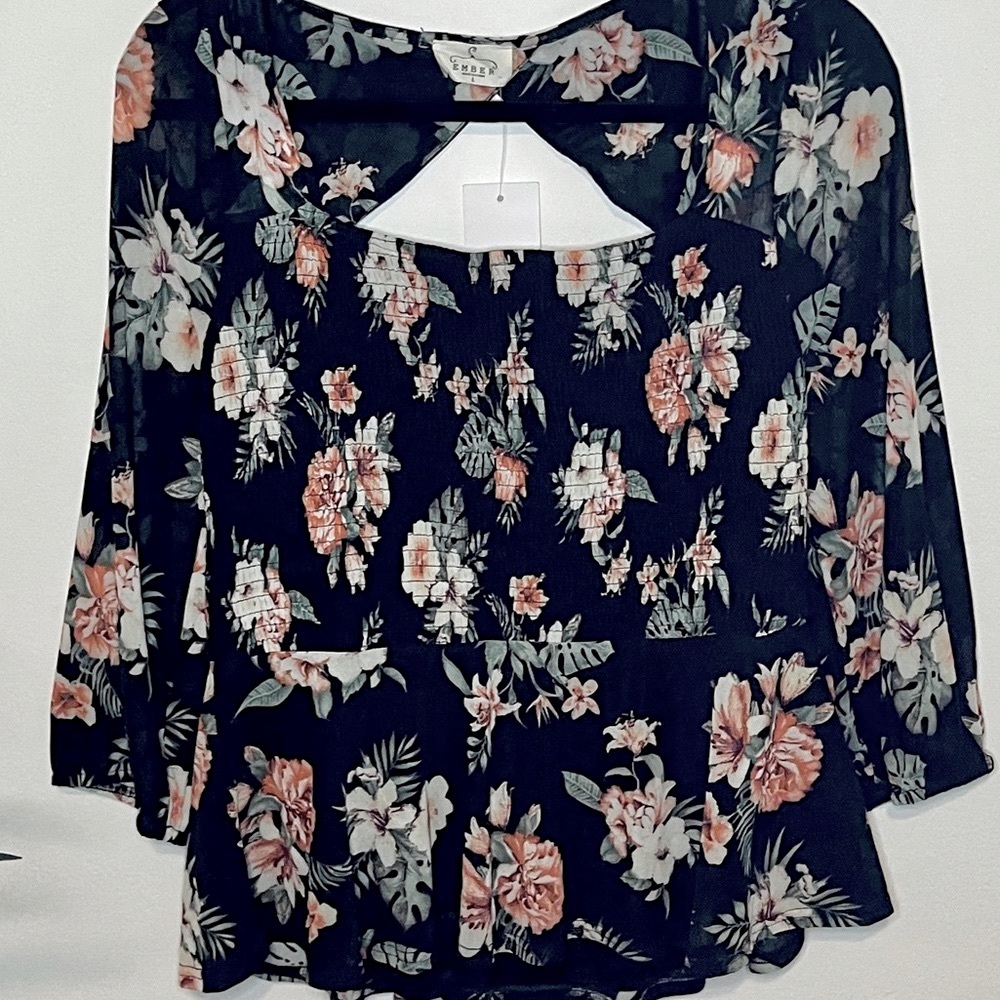 SOLD 🆕 Smocked Floral Mesh Peplum Ruffle Top